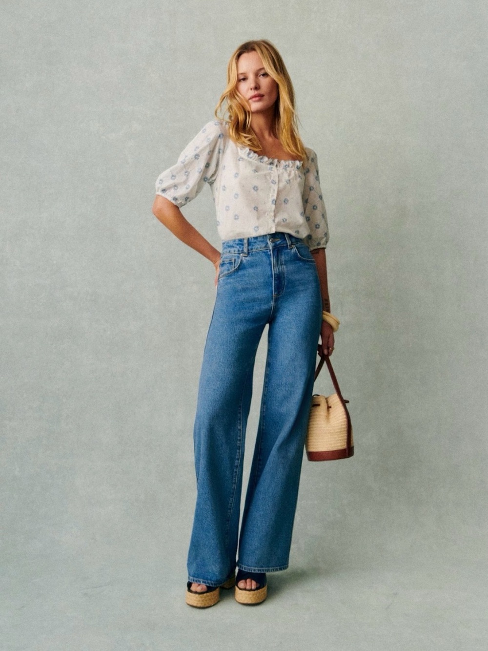 Sezane Kellia Shirt Blue Ecru Daisies - Size 6 - Picture 2 of 8